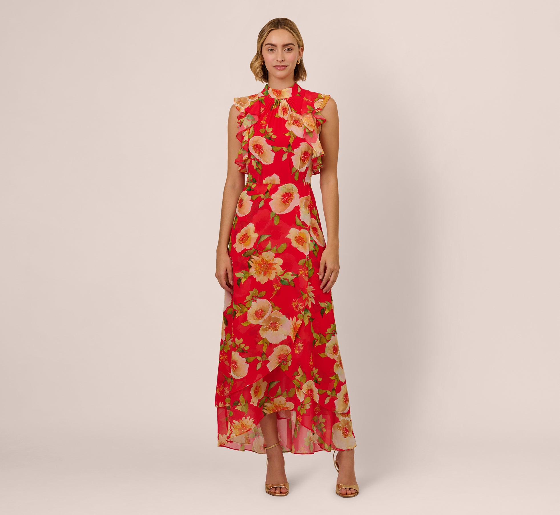 Coral Multi Printed Chiffon Mock Neck Ankle Dress - Adrianna Papell Coral Multi Printed Chiffon Mock Neck Ankle Dress - Adrianna Papell