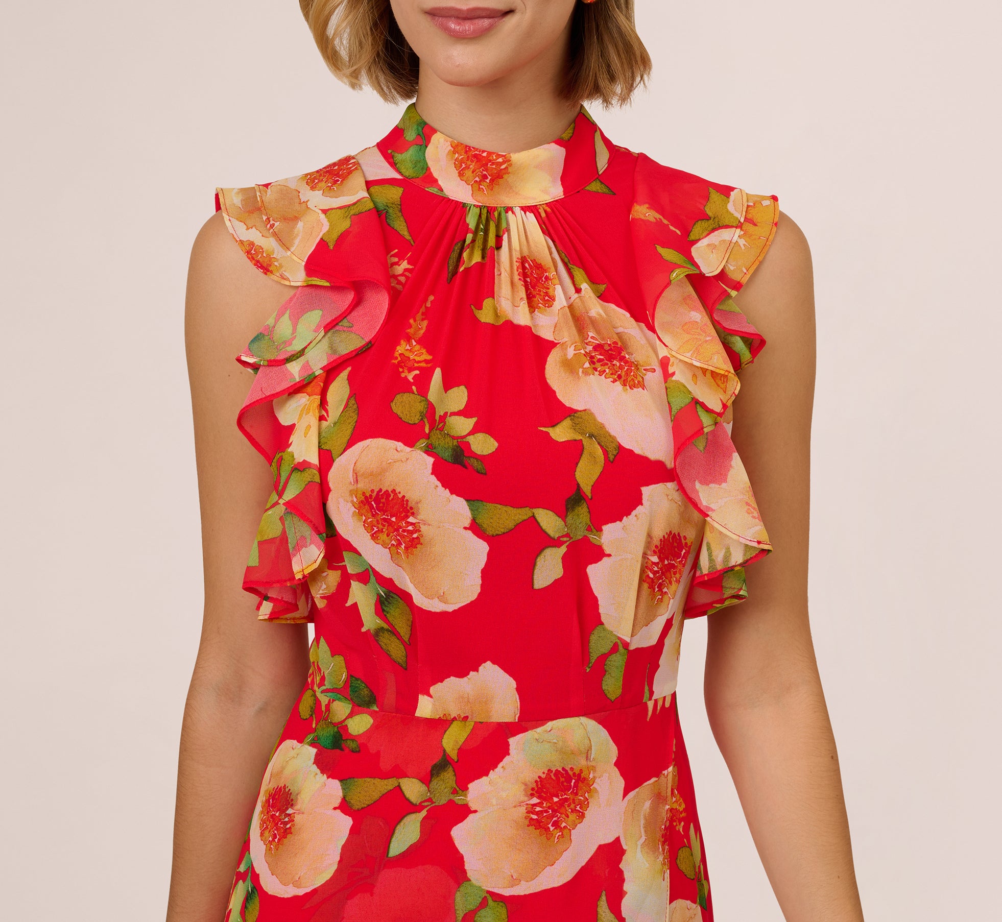 Coral Printed Chiffon Mock Neck Ankle Dress - Adrianna Papell Coral Printed Chiffon Mock Neck Ankle Dress - Adrianna Papell