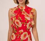 Printed Chiffon Mock Neck Ankle Dress In Coral Multi 4