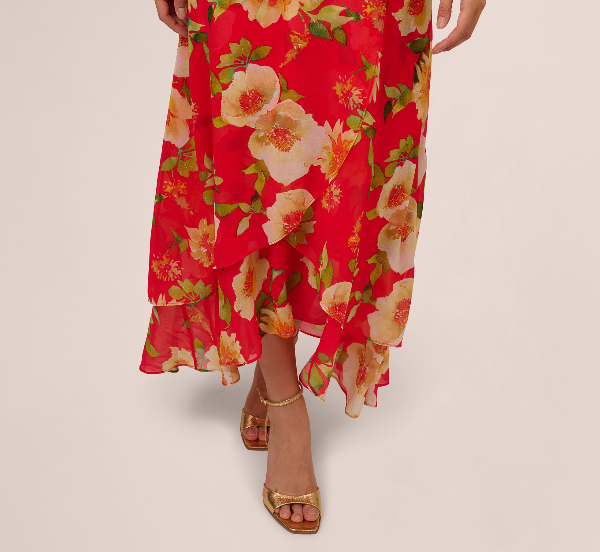 Coral Multi Printed Chiffon Mock Neck Ankle Dress - Adrianna Papell