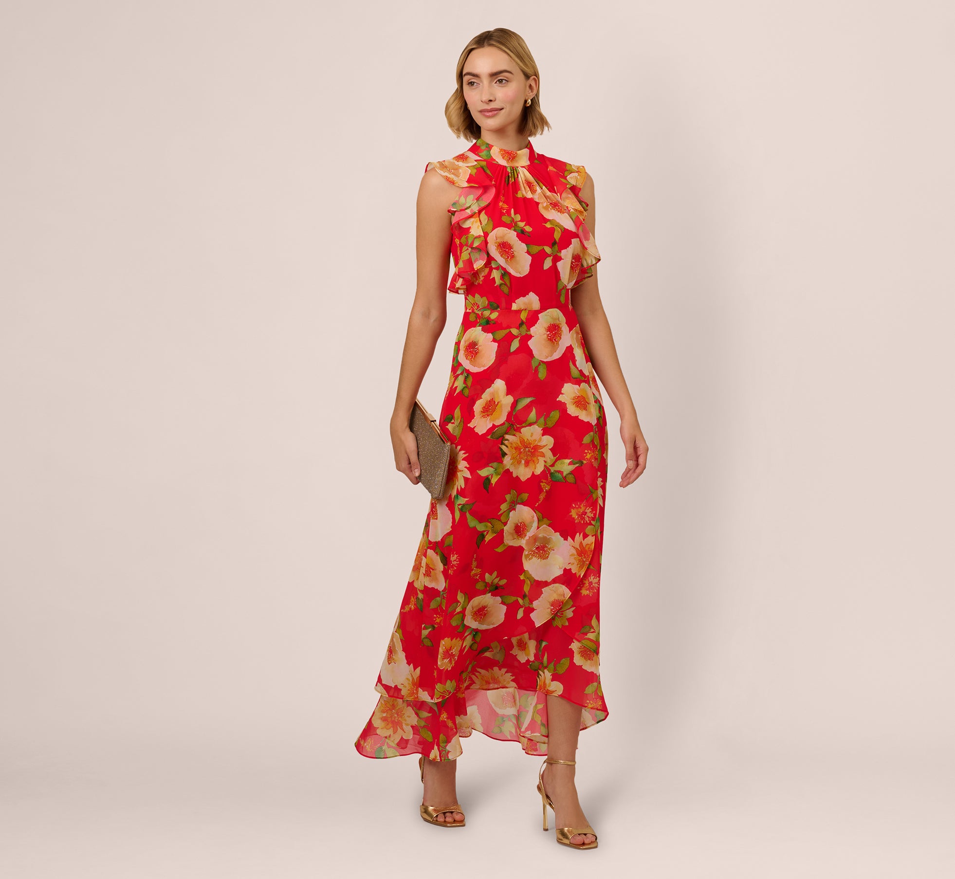 Coral Printed Chiffon Mock Neck Ankle Dress - Adrianna Papell Coral Printed Chiffon Mock Neck Ankle Dress - Adrianna Papell