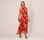 Printed Chiffon Mock Neck Ankle Dress In Coral Multi 2