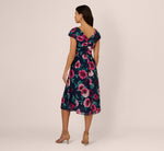 Cap Sleeve Floral Chiffon A Line Midi Dress In Navy Pink Multi 6