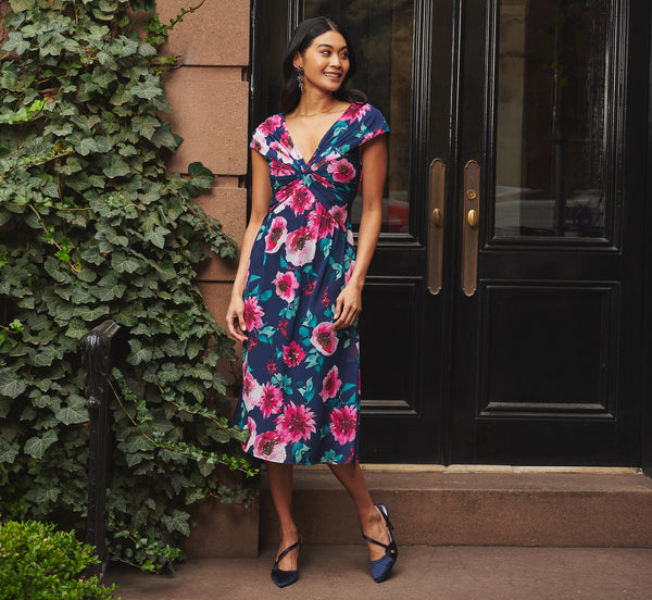 Adrianna Papell Floral Chiffon A-line Midi Dress With Cap Sleeves - Navy/Pink Multi