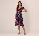Cap Sleeve Floral Chiffon A Line Midi Dress In Navy Pink Multi 3