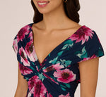 Cap Sleeve Floral Chiffon A Line Midi Dress In Navy Pink Multi 5