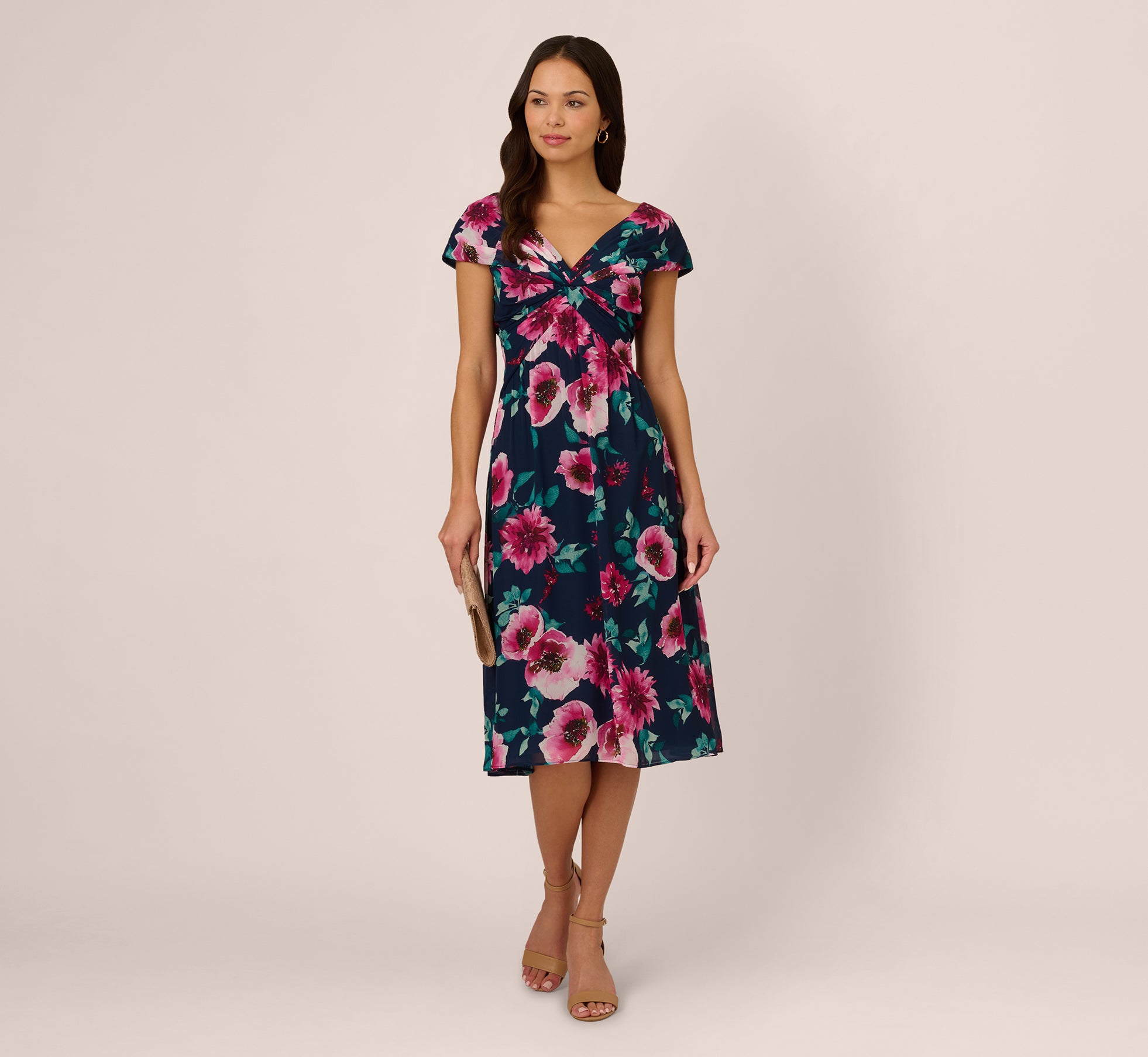 Multi Colored Cap Sleeve Floral Chiffon A Line Midi Dress - Adrianna Papell