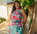 Plus Size Floral Chiffon Midi Halter Dress In Turquoise Multi 4