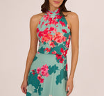 Floral Chiffon Midi Halter Dress In Turquoise Multi 3