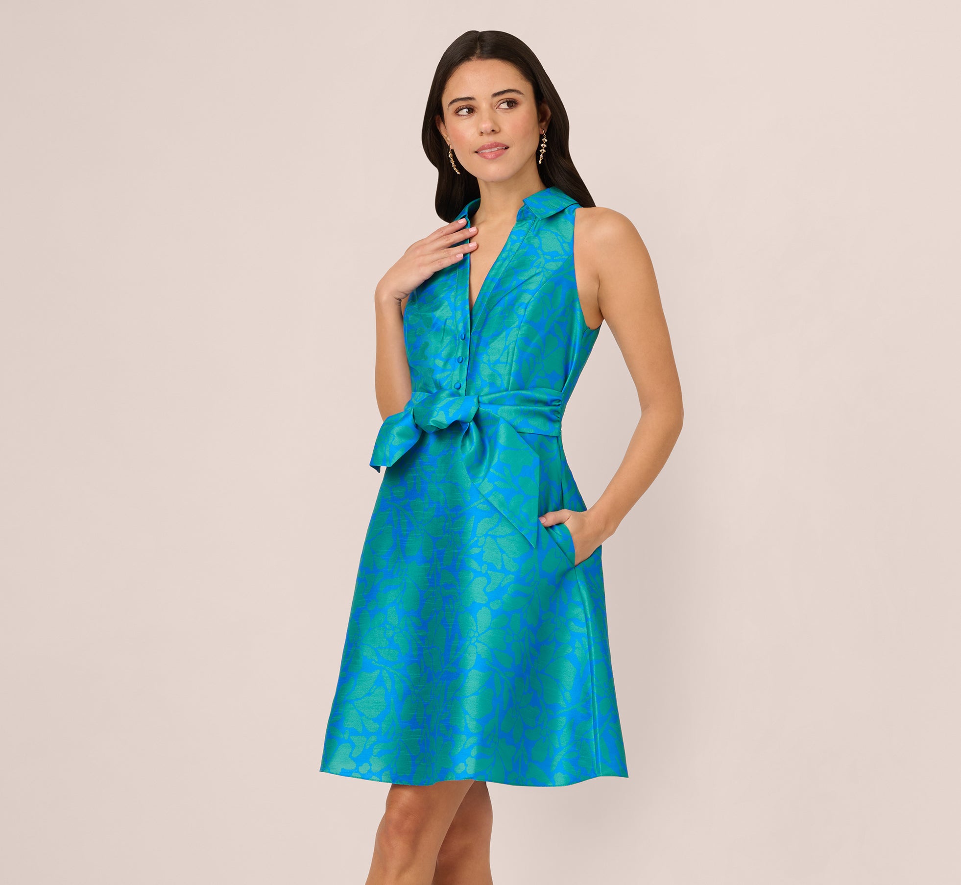 Blue Green Sleeveless Printed Tie Front Short Dress - Adrianna Papell Blue Green Sleeveless Printed Tie Front Short Dress - Adrianna Papell