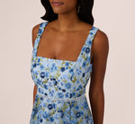 Sleeveless Square Neck Floral Embroidered Midi Dress In Blue Multi 3