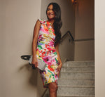 One Shoulder Rosette Floral Sheath Dress In Pink Multi 1