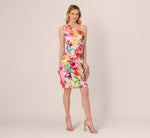 One Shoulder Rosette Floral Sheath Dress In Pink Multi 2