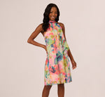 Floral Ruffle Chiffon Halter Trapeze Dress In Pink Multi 2