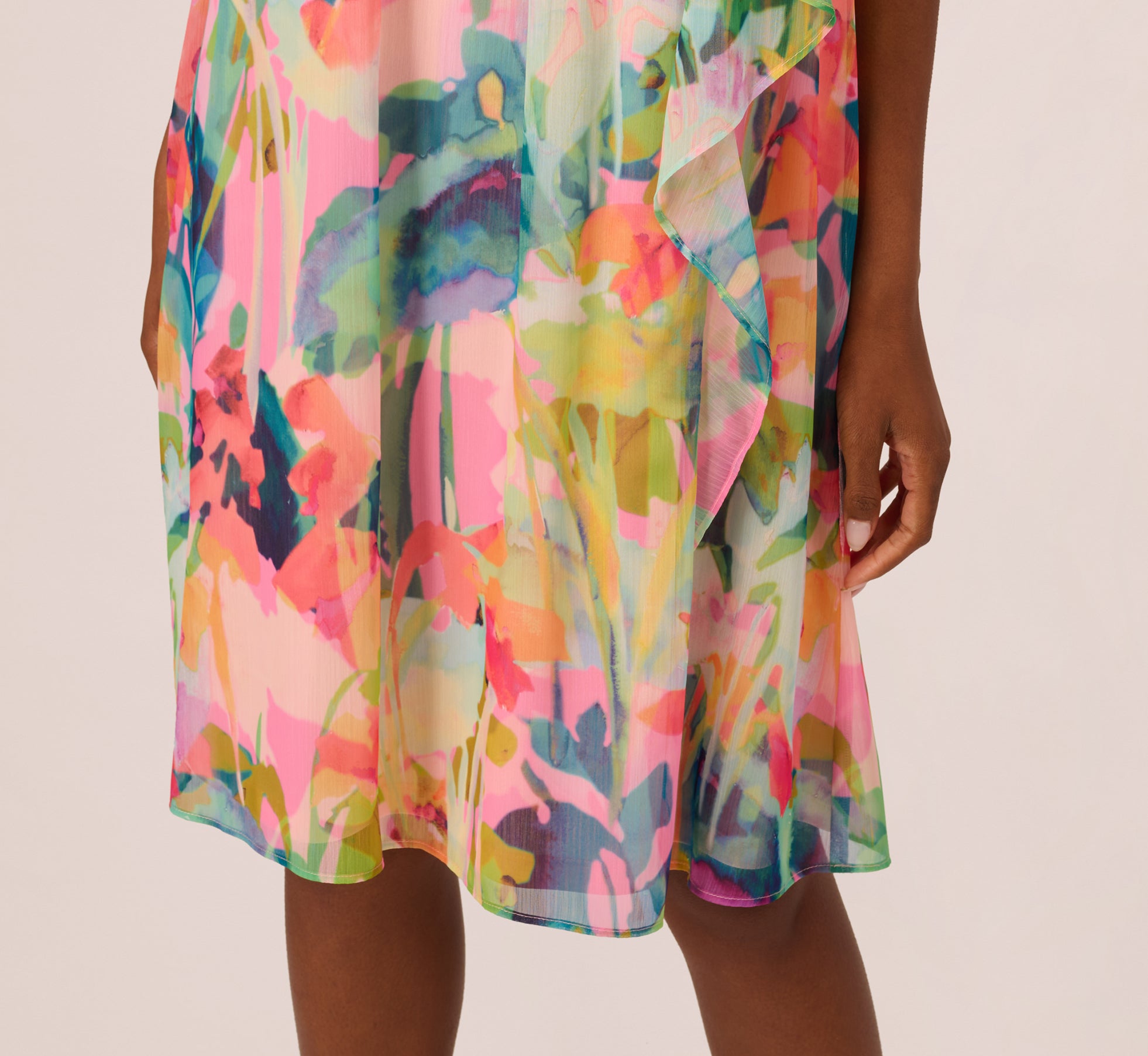 Floral Ruffle Chiffon Halter Trapeze Dress In Pink Multi - Adrianna Papell