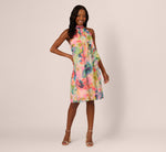 Floral Ruffle Chiffon Halter Trapeze Dress In Pink Multi 7