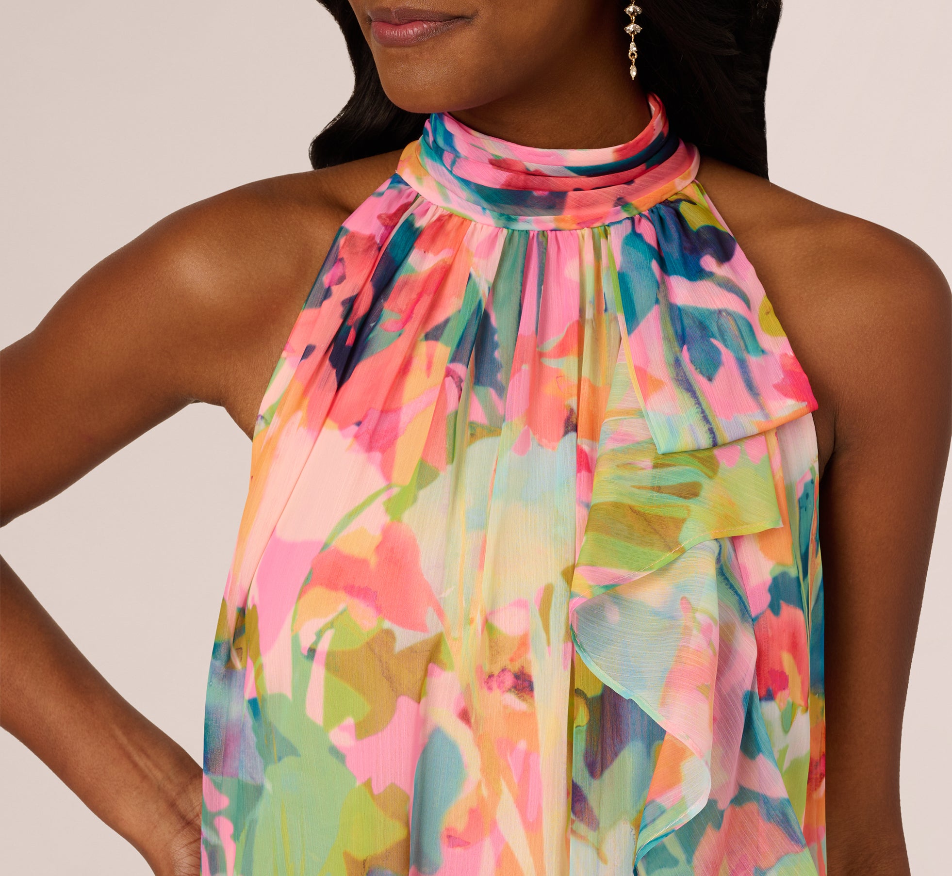 Floral Ruffle Chiffon Halter Trapeze Dress In Pink Multi - Adrianna Papell