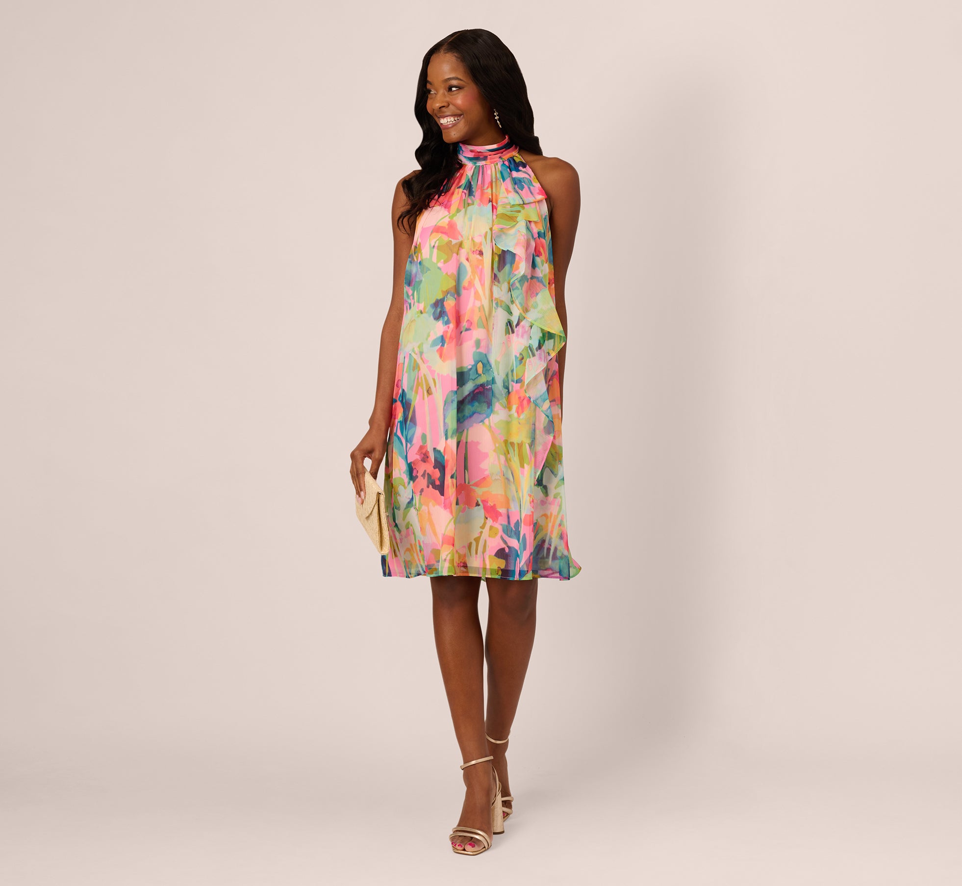 Floral Ruffle Chiffon Halter Trapeze Dress In Pink Multi - Adrianna Papell