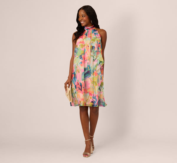 Pink Multi Floral Ruffle Chiffon Halter Trapeze Dress