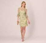 Bell Sleeve Floral Embroidered Illusion Sheath Dress In Sage Multi 1
