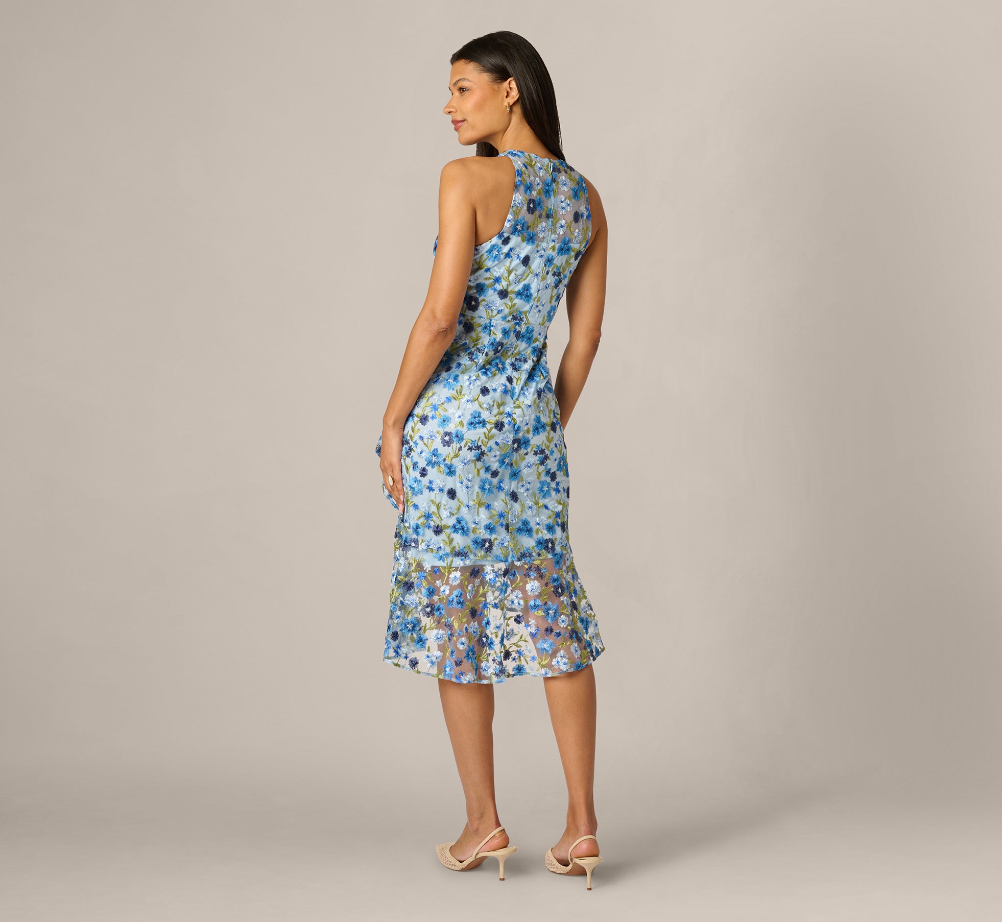 slim fit dress slacks Blue Multi Floral Embroidered Flounce Halter Dress