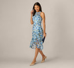 Floral Embroidered Flounce Halter Dress In Blue Multi 1