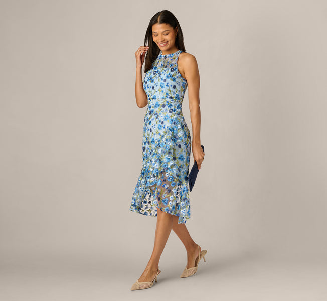Floral Embroidered Flounce Halter Dress In Blue Multi, Blue Multi / Regular / 18
