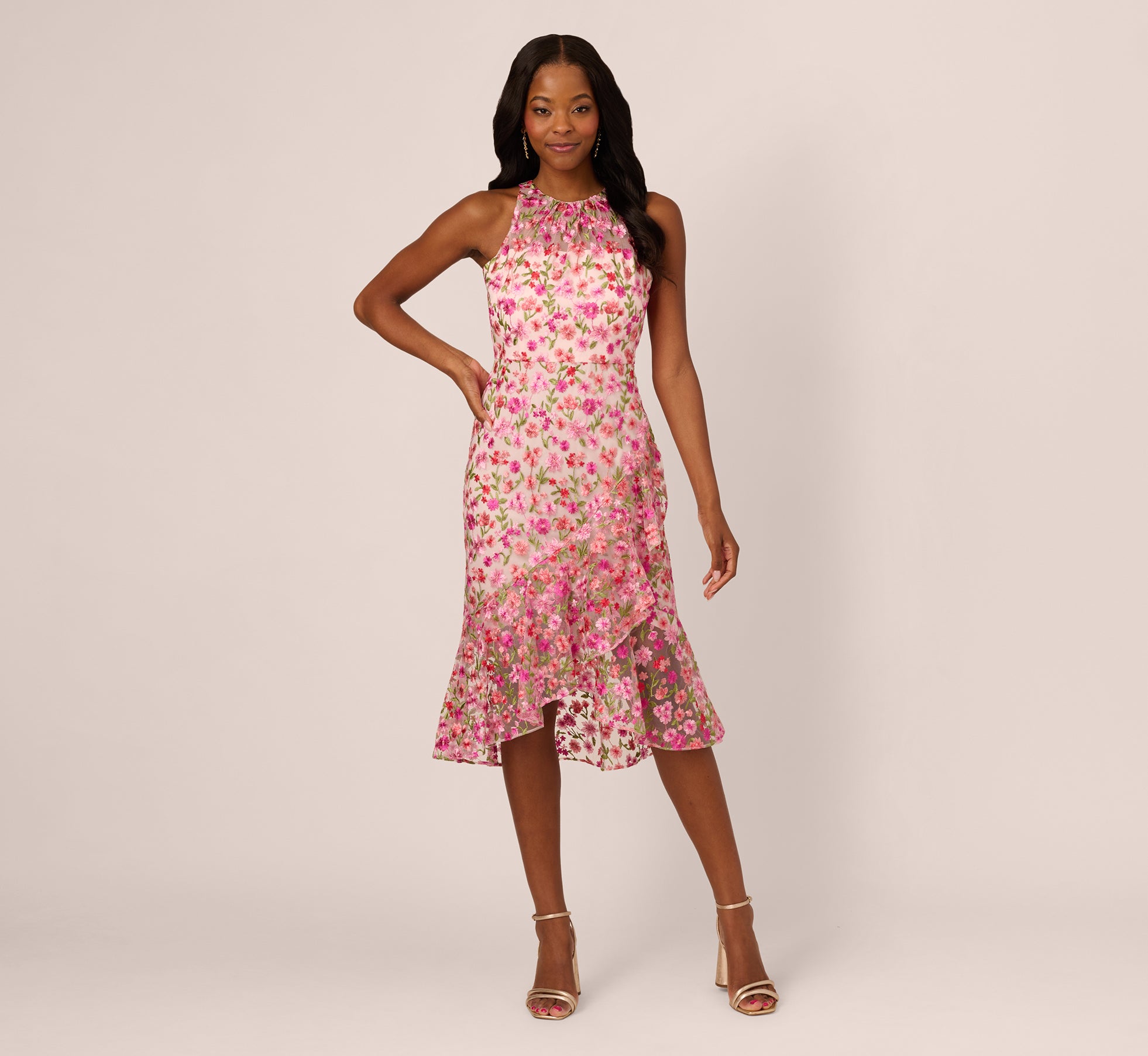 Multi Colored Floral Embroidered Flounce Halter Dress - Adrianna Papell Multi Colored Floral Embroidered Flounce Halter Dress - Adrianna Papell