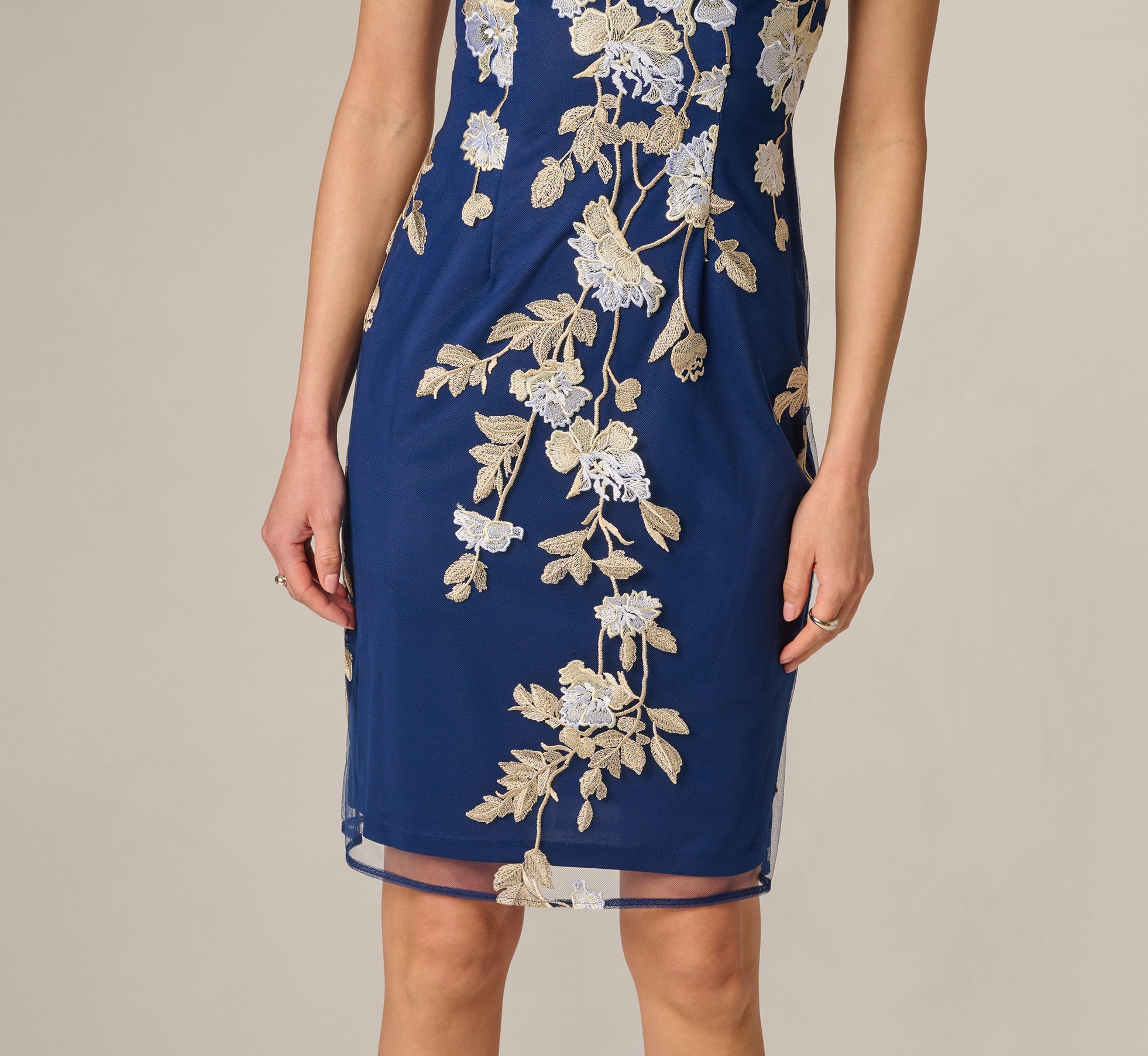 Navy Sleeveless Illusion Floral Embroidery Sheath Dress - Adrianna Papell Navy Sleeveless Illusion Floral Embroidery Sheath Dress - Adrianna Papell