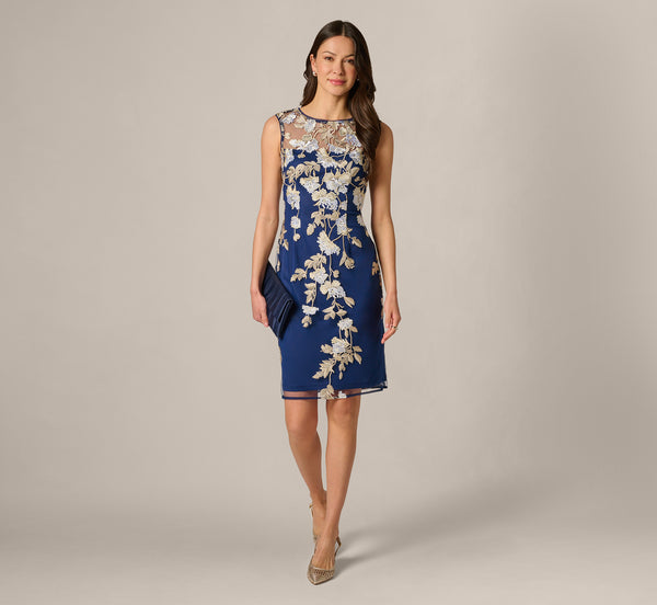 Sleeveless Illusion Floral Embroidery Sheath Dress In Navy Ecru, Navy/Ecru / Regular / 2