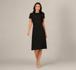Asymmetrical Short Sleeve Crepe Midi Dress In Black 2