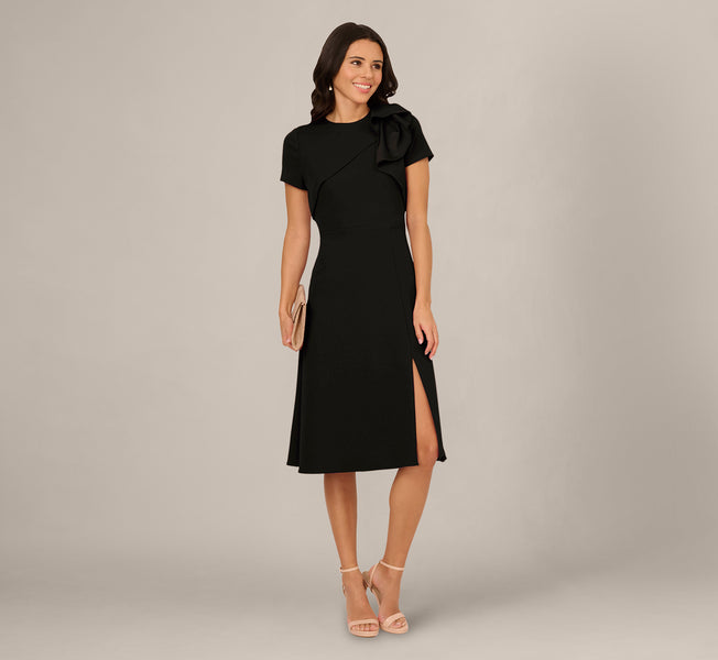 Asymmetrical Short Sleeve Crepe Midi Dress In Black, Black / Regular / 20