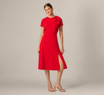 Asymmetrical Short Sleeve Crepe Midi Dress In Red 2