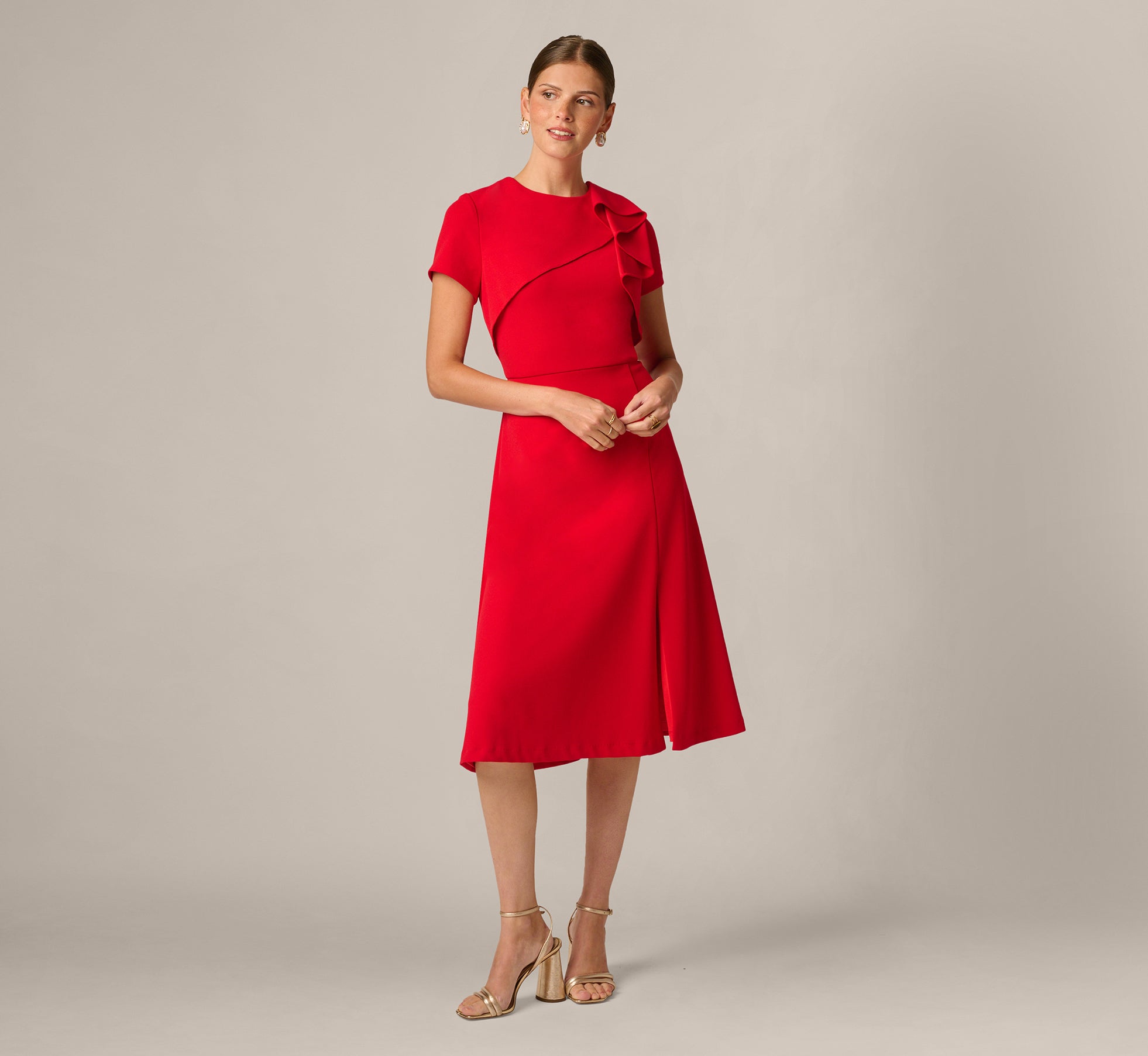 Asymmetrical Short Sleeve Crepe Midi Dress In Red 1