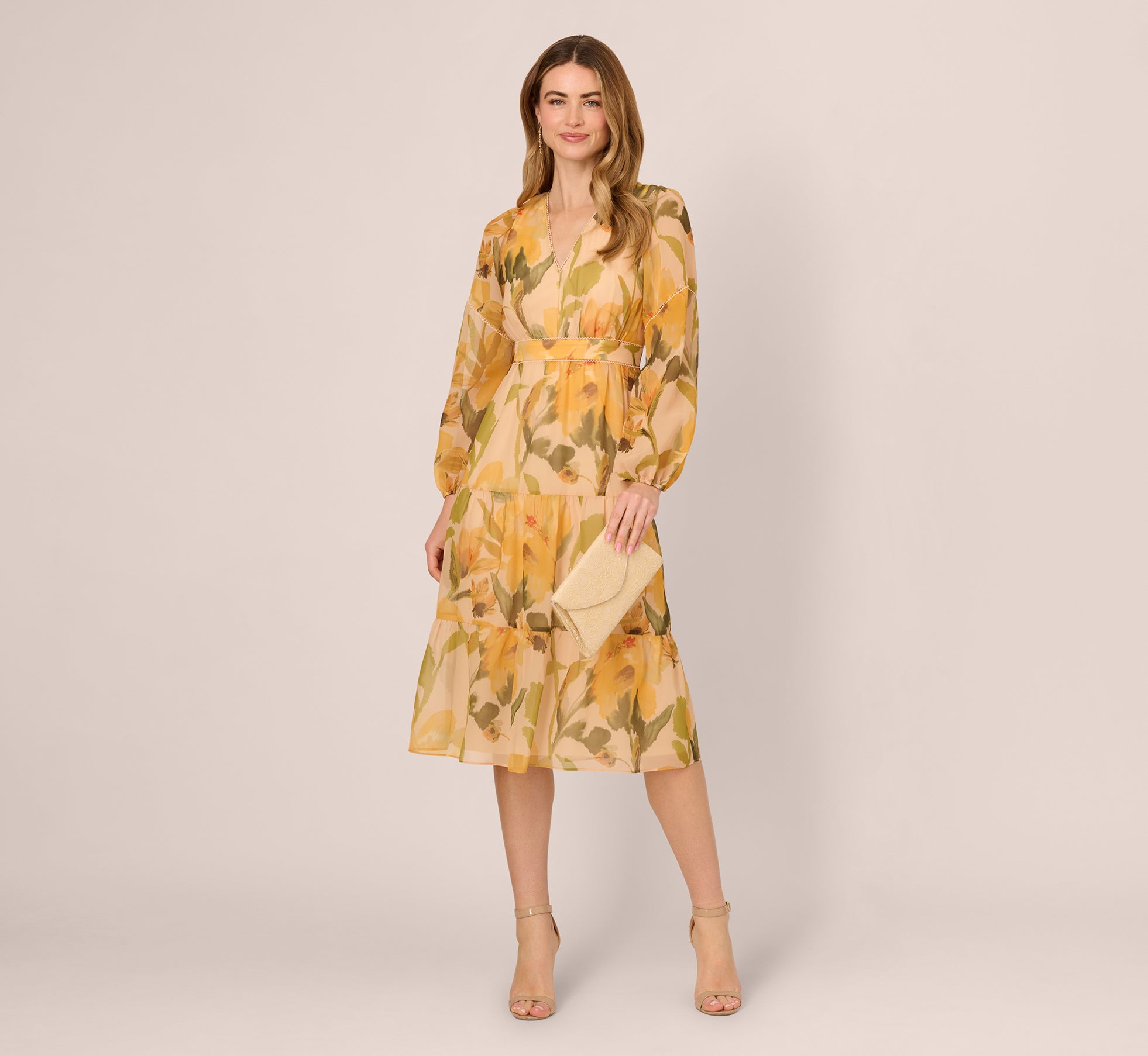 aidan mattox Long Sleeve Floral Organza Midi Dress In Ecru Yellow Multi