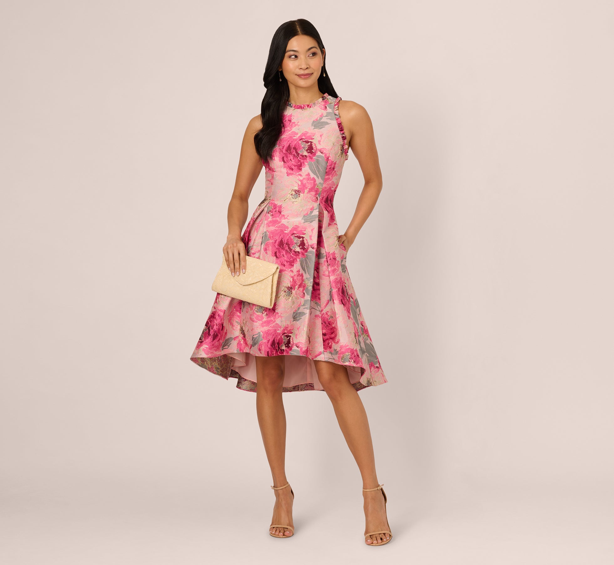 aidan mattox Sleeveless Floral Jacquard Fit And Flare High Low Dress In Pink Multi Factory Sale aidan mattox Sleeveless Floral Jacquard Fit And Flare High Low Dress In Pink Multi Factory Sale