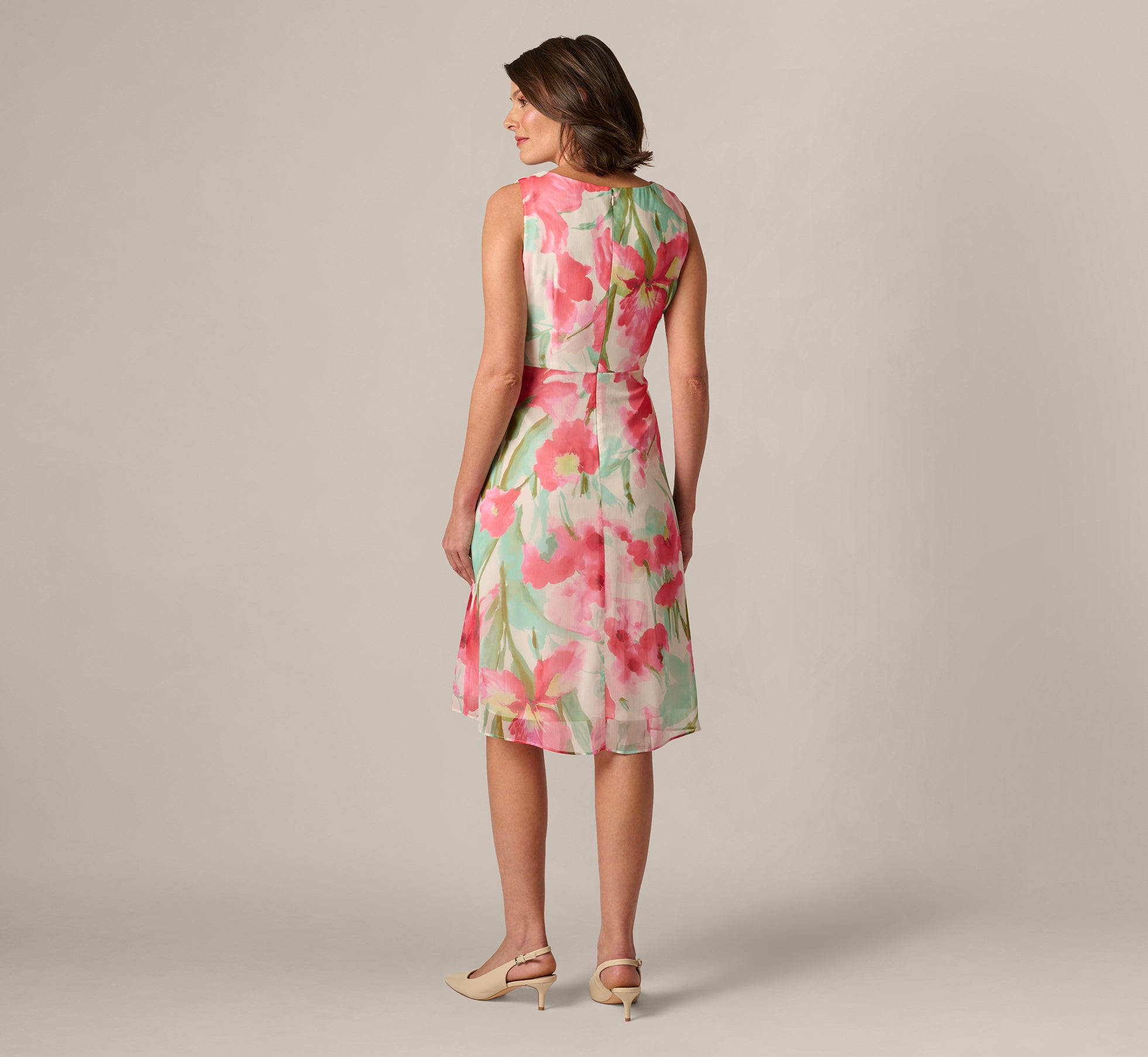 Coral Green Mult Sleeveless Draped Floral Chiffon Midi Sheath Dress