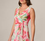 Sleeveless Draped Floral Chiffon Midi Sheath Dress In Coral Green Multi 3