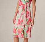Sleeveless Draped Floral Chiffon Midi Sheath Dress In Coral Green Multi 4