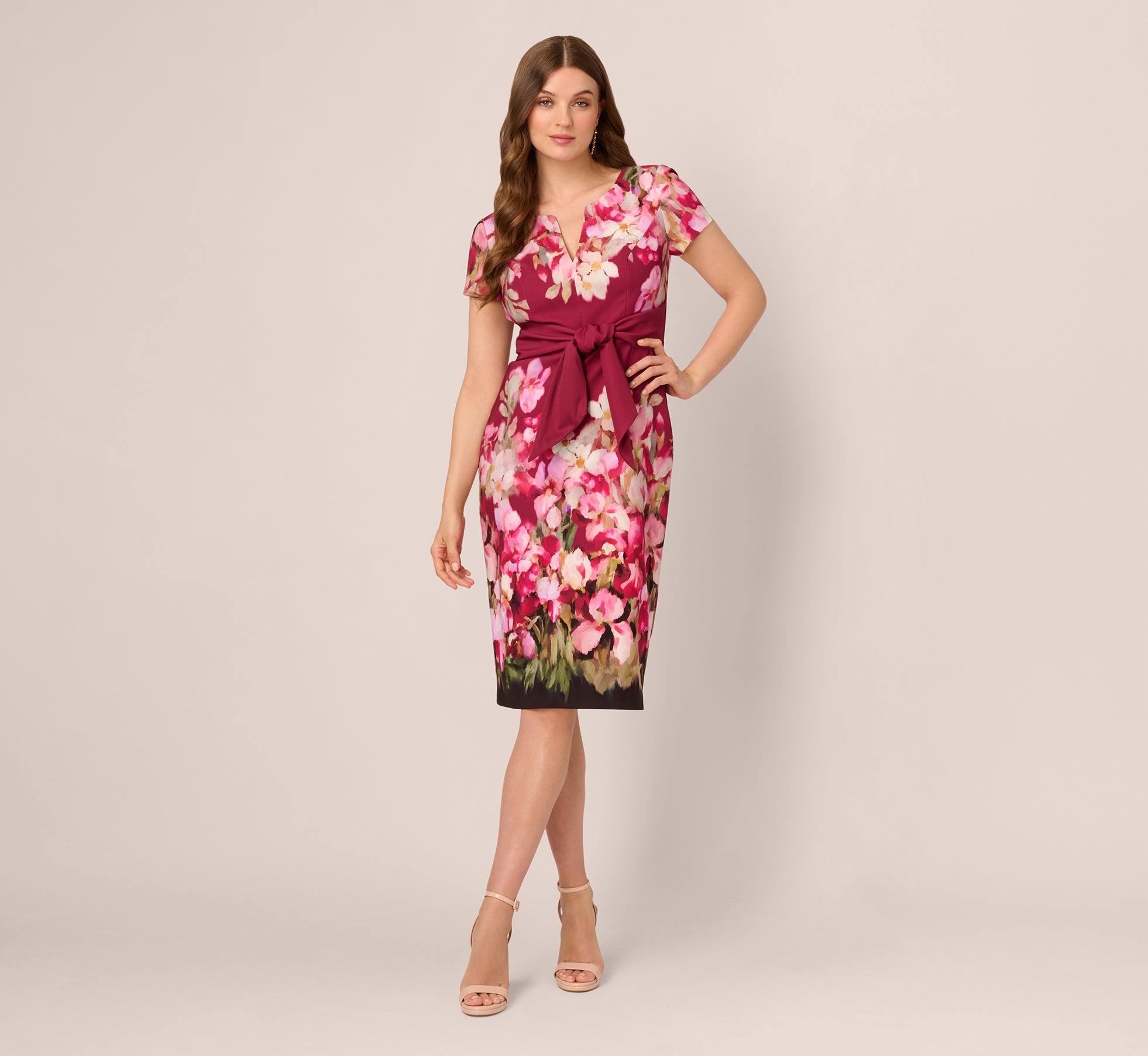 Red Short Sleeve Iris Floral Sheath Dress - Adrianna Papell