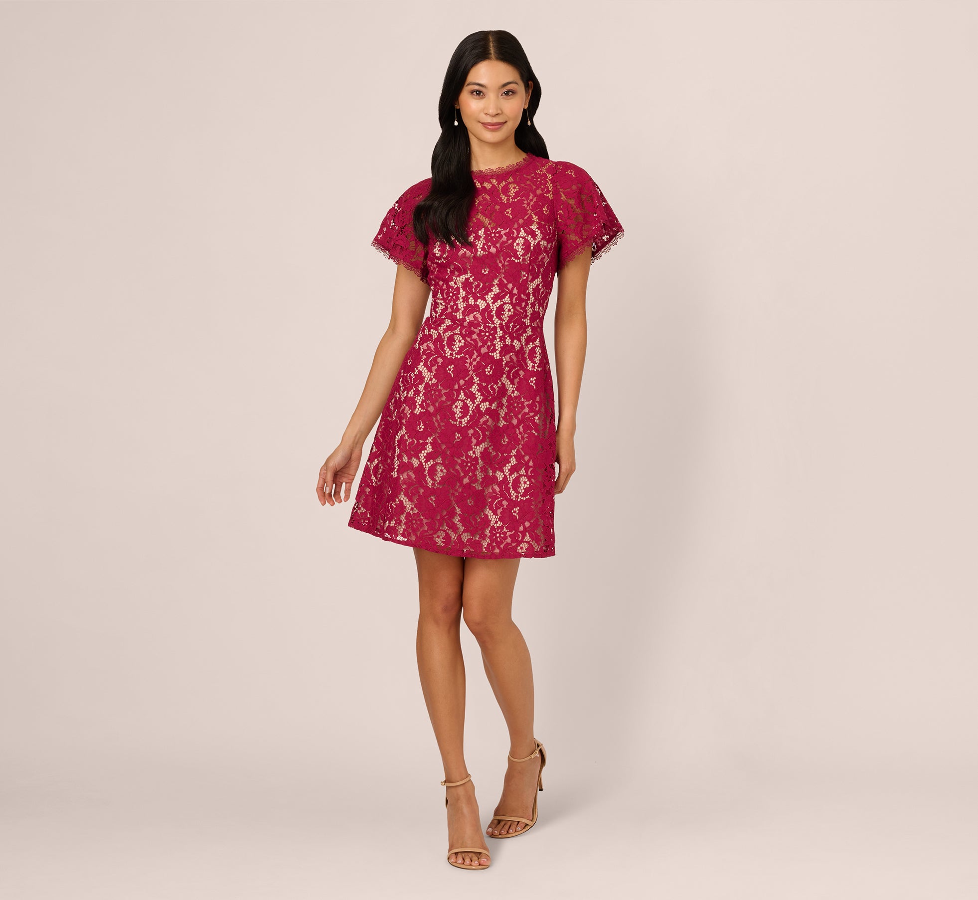 RED Short Sleeve Lace Illusion Short Dress