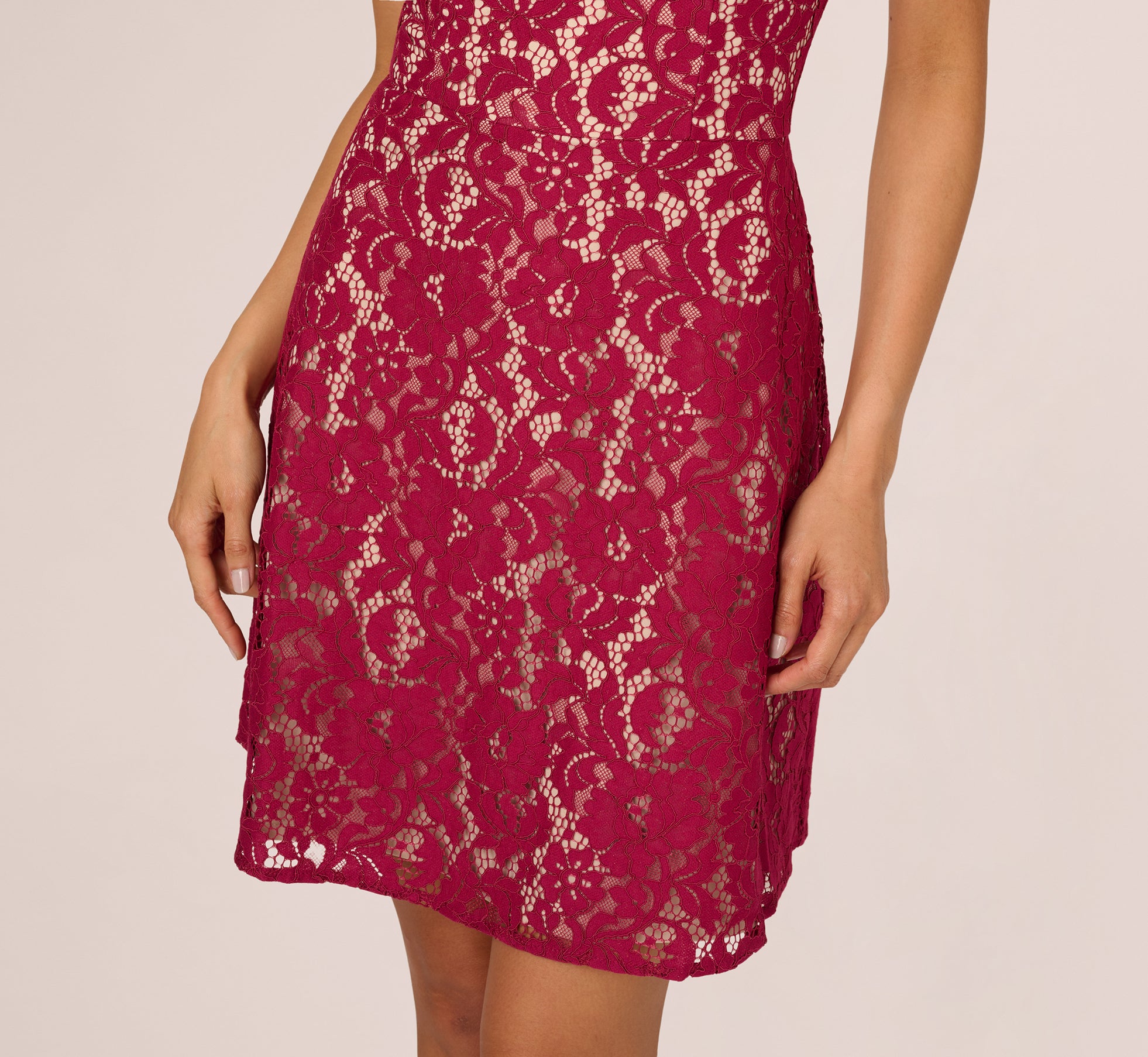 RED Short Sleeve Lace Illusion Short Dress - Adrianna Papell RED Short Sleeve Lace Illusion Short Dress - Adrianna Papell