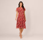 Flutter Sleeve Boat Neck Floral Chiffon Midi Dress In Mocha Multi 2