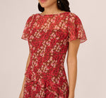 Flutter Sleeve Boat Neck Floral Chiffon Midi Dress In Mocha Multi 4