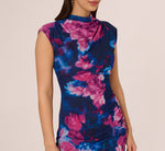 Sleeveless Floral Mesh Draped Midi Dress In Navy Pink Multi 5