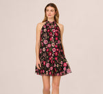 Floral Embroidered Trapeze Halter Dress In Pink Multi 2