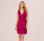 Sleeveless Satin Draped Short Dress In Magenta 3