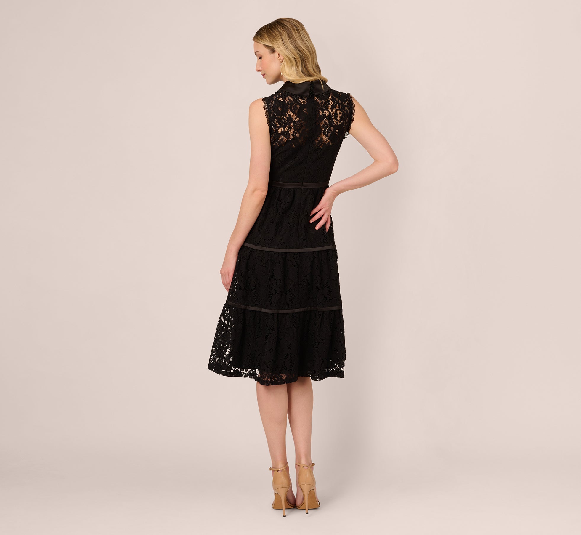 Black Sleeveless Collared Lace Fit And Flare Dress - Adrianna Papell