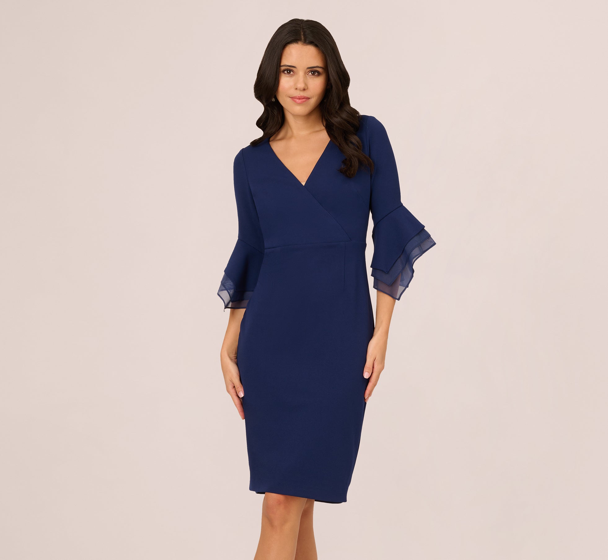 Navy Sateen Three Quarter Bell Sleeve Sheath Midi Dress - Adrianna Papell Navy Sateen Three Quarter Bell Sleeve Sheath Midi Dress - Adrianna Papell