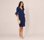 Three Quarter Bell Sleeve Sheath Midi Dress In Navy Sateen 1